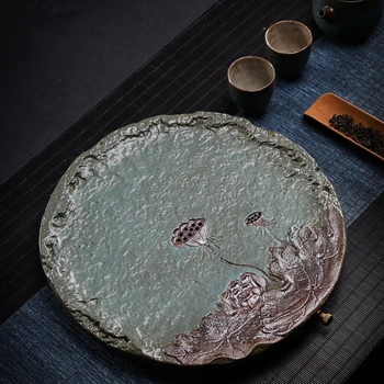 2-Цветни позлатени железни супени подноси с китайски декор, подарък керамика с Lotus, поставка за чайника, декоративни тави за всекидневната, през цялата комплект за Церемонията