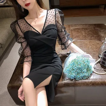 2023 Летни секси Черна рокля миди с V-образно деколте, Темпераментен чанта, модерен пола трапецовидна форма, дантелено мозайка рокля на точки, секси елегантна рокля в стил мозайка