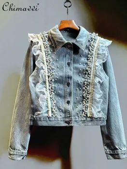 2023, пролет-есен, ново джинсовое късо палто с мъниста за тежката промишленост, дамска мода, дантелени универсални якета в стил ретро, градинска деним яке