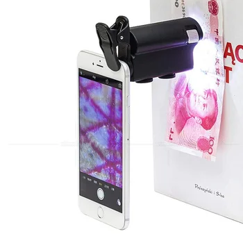 20pcs 60-100-кратна Универсална лупа със скоба за мобилен телефон, Портативен Hd-микроскоп с led лампа, UV-детектор за банкноти