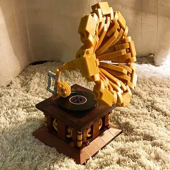 3D модел САМ конструктори тухлена сграда ретро инструмент е стар фонограф грамофон музикален плейър музикален автомат звукозаписна машина Играчка за деца