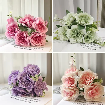 5 големи цветни глави красивото цвете божур, копринени цветя, високо качество на изкуствени цветя, семейно украса за парти в градината, сватбена украса със собствените си ръце