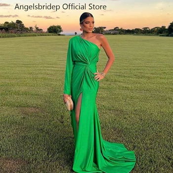 Angelsbridep, зелена рокля на Русалка с открити рамене, выпускное рокля за жените, вечерни рокли с цепка на краката, модни абитуриентски рокли в сгъвката на