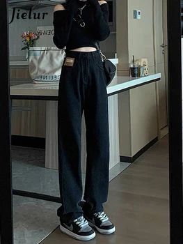 Jielur, черни дънки с широки штанинами, женски есенно-зимни нови модни свободни дънки с ивици за най-горещите момичета, прави дънки с висока талия, дамски панталони S-XL
