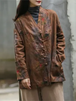 Johnature, женски реколта спално бельо, палто копчета, V-образно деколте, джоб с дълъг ръкав, широки дрехи 2023, есен-зима, ново палто в китайски стил