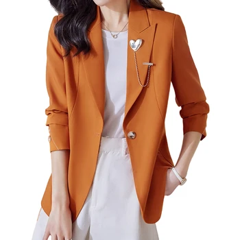 Lenshin, Висококачествени Ежедневни Оранжев Блейзър с джоб за Жени, Модни Елегантни Връхни дрехи в стил Мозайка, Официална риза, Дамски Палта