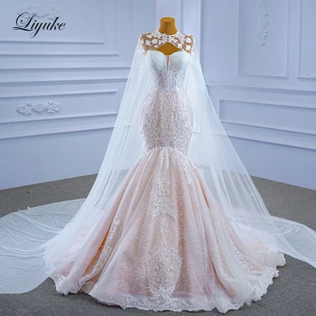 Liyuke Beauty, Дантелено Сватбена рокля в стил Русалка в стил Империя, Апликации без ръкави, Сватбени Рокли С Нос