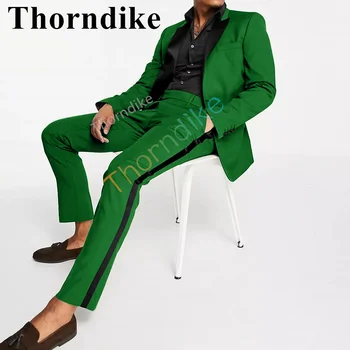 Thorndike, Луксозен Мъжки сватбен костюм от 2 теми, Модерен Оборудвана Монофонични Тъмно-зелен Бизнес Офис с костюм, Сако + Панталон