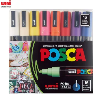 Uni Posca Комплект писалки за чертане 16 цвята PC-5M, Среднеточечные Маркери 1,8-2,5 мм за наскальной живопис, Плат, Стъкло и Графити
