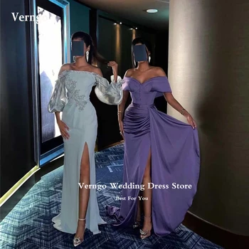 Verngo, елегантни светло сини рокли на Русалка за бала, буйни рокли с дълги ръкави и отворени рамене, дамски официални рокли от Саудитска Арабия с прерязано