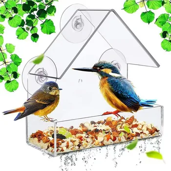 А за птици, прозрачна клетка за хранене във формата на къща с вендузата За стъклен прозорец, Колибри, градинска беседка, Аксесоари за птици