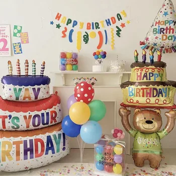 Голяма Торта честит рожден Ден, балони, Цветни Свещи, Торта, Балони балони, Украса за детско парти за рожден ден, Теди, душа, балони
