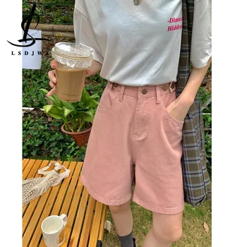 Градинска корейската мода, лятна дамски дрехи, Панталони, женски лято 2023, дънкови шорти Y2k, розова дънкови облекла с висока талия