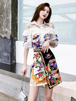 Дамска Лятна блуза с открити рамене и мини-пола с флорални принтом, модни комплекти от 2 теми, ежедневни слънчеви комплекти, комплекти за рокли