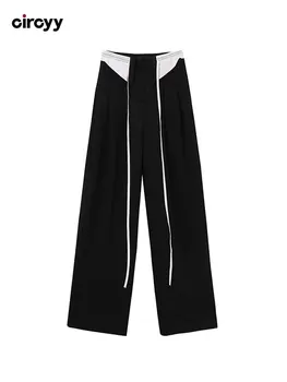 Дамски панталони, черни, с висока талия, в стил мозайка, дантела, дизайнерски, пълна дължина, широки панталони, офис дамски ежедневни, 2023, Нова пролетна мода