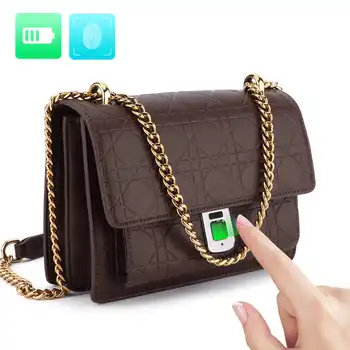 Дамски чанта на едно рамо с умни крепост за защита от пръстови отпечатъци, ретро метална чанта на верига, кафява, с голям капацитет, трехслойная структура чанти