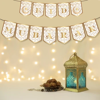 Ейд Мубарак Банер Фестивал Декорация на Партита Мюсюлманския Рамадан Ейд-ул-фитр, на Фона на Декор Овесени ядки Венец Банери, Окачени Знамена