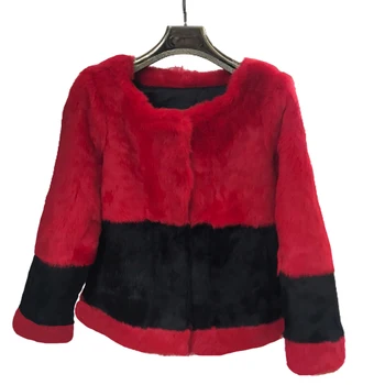 Зимно яке дамски 2023, Нов Стил, палто от естествена кожа, червено, черно, срастване Кожа Равин, дамски палта с кръгло деколте HT87