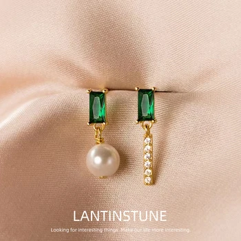 Изискани обеци с правоъгълна зелена цирконий и перли, висящи обеци за жени, луксозен дизайн, обеци-капки златен цвят, бижута OL N468