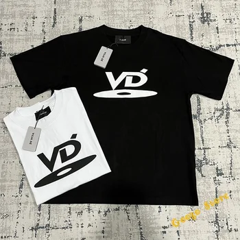 Класически тениски в стил хип-хоп 23SS с потрескавшимся логото на VUJADE, мъжки, Дамски тениски за влюбени, черна и Бяла тениска от 100% памук с къс ръкав