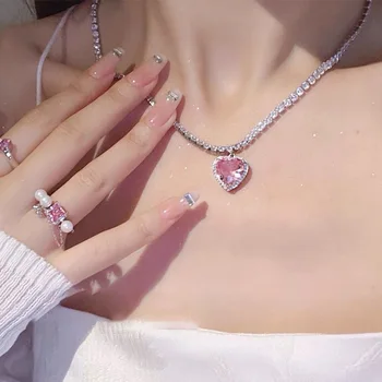 Корейското сладко розово колие с кристали във формата на сърце за жени, момичета, блестящ циркон, имитация на перли, колиета, яка, украси за сватбени партита