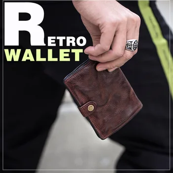 Кратък чантата с кожена катарама ръчно изработени, модерен тънък портфейл, ретро сгъваем държач за карти
