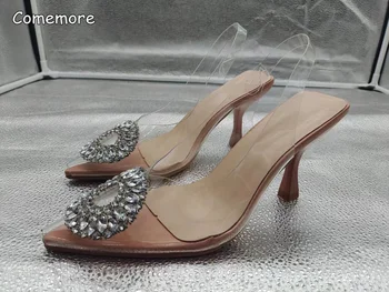 Луксозни обувки-лодка с кристали, прозрачни токчета на дамски обувки от PVC, ново 2023 г., дамски официални сватбени обувки на висок ток на висок ток