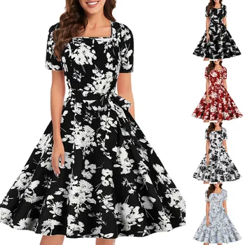 Лятна сватбена рокля за Гости с флорални принтом, квадратен яка, Рокля с къс ръкав, реколта коктейлни рокли за жени 2023, Пола за чай