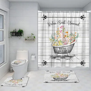 Набор от завесата за душа в ретро стил от дървени дъски с цветен модел, креативна баня с флорални растение, модерен интериор на баня, нескользящий мат, подложка за баня, капак на тоалетната чиния