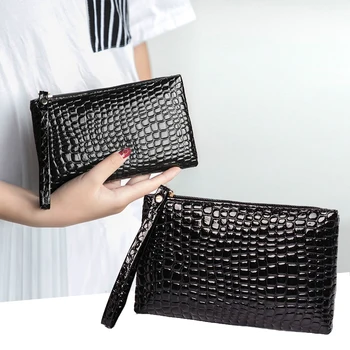 Нов прием на Крокодил портфейл за жени портфейл мода малка чанта китката висококачествена изкуствена портмоне с цип монета закриване на плътен цвят