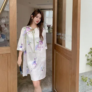 Новата китайска сатен пижами, лятна тънка пижама от ледената коприна, женственост, национален стил, домашни дрехи могат да се носят с принтом един размер