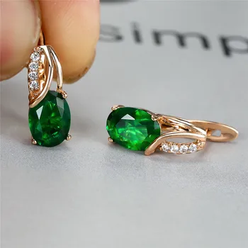 Обеци със зелен кристал и овални камък Прости модни обеци-пръстени с цирконии цвят розово злато, сватбени обици за жени, сватбени декорации