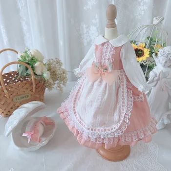 Облекло за кукли BJD, подходяща за размера на 1/3 1/4 1/6, розова рокля с дълги ръкави и лък, пола в стил мозайка, аксесоари за кукли