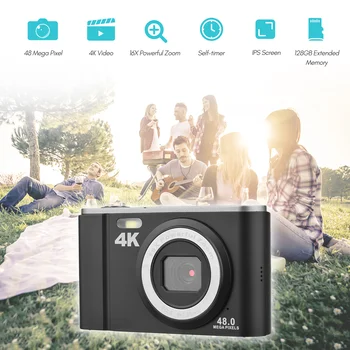 Преносима дигитална камера Andoer 48MP 4K с 2,8-инчов IPS дисплей с 16-кратно увеличение, Самоснимачка, Разпознаване на лица, Защита от разклащане, Батерии, Чанта за носене
