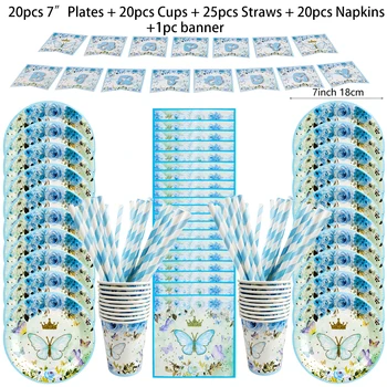 Прибори за еднократна употреба със синя пеперуда за рожден Ден, салфетки с пеперуда, чинии, чаши за детски рожден ден украса за детската душа
