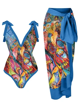 Ретро елегантен син курортен случайни бански дантела и покритие 2023, годишен женски съвременен стил