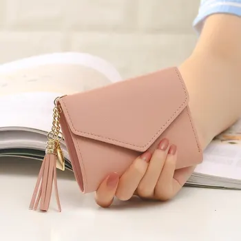 Розово женски мини портфейл с пискюли, държач за карти, луксозен портфейл за монети