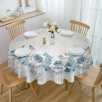 Сини цветя, пеперуди, цветя, водоустойчив покривки за маси, украса на масата, капачка кръгла маса за кухня, сватби, начало на трапезария
