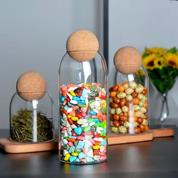 Стъклени буркани за съхранение в кухнята с дървен капак, бутилка, кухненски стъклен буркан с капак, съд за зърно