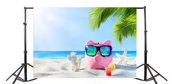 Фон за снимки Приморски пясъчен плаж Карикатура Розово прасенце Синьото небе