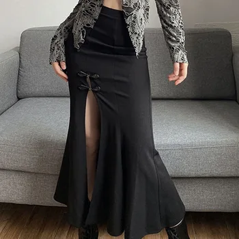 черната готическа чанта дамска пола в стил хип-хоп, секси пола с цепка и висока талия в стил мозайка 