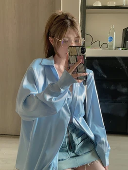 2 цвят 2023, пролетно-есенна дамски сатен блуза с дълъг ръкав, риза Breif в корейски стил, женски, Свободни топове с защита от Слънцето (m6308