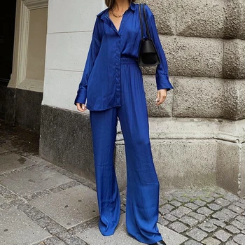2022 Дамски летни комплекти от две части, женски сини блузи с дълъг ръкав и панталон, модерен дамски ежедневни костюми с дълги панталони