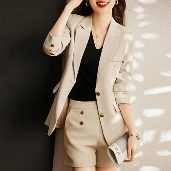 2023, корейски женски работни блейзери, яке, елегантен женски костюм, къси Панталони, бизнес Жена висок клас офис комплект от 2 теми