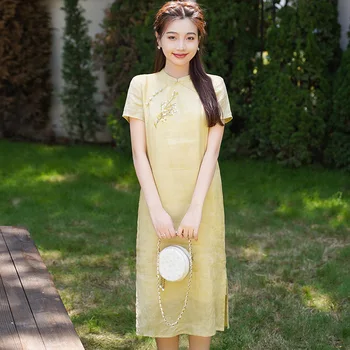 2023 Нови летни Дамски Рокли в китайски стил с висока яка и къси ръкави с бродерия, памучни ленено рокля