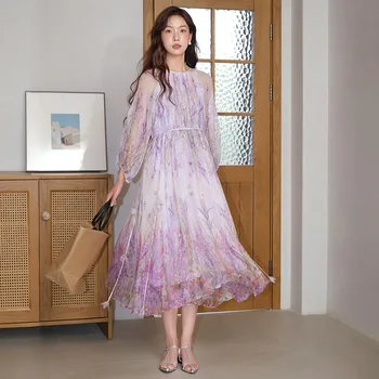 2023 Ново секси дълга рокля от естествена коприна 100%, празнична рокля с принтом лилав цвят, висококачествени елегантни дамски рокли