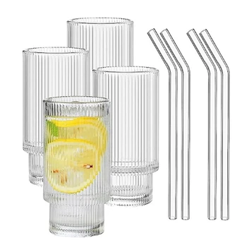 4 комплект за пури в ограничени бройки чаши за пиене, реколта стъклена посуда, штабелируемая стъклена чаша е 16 унции с соломинкой