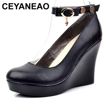 CEYANEAO2019, модни дамски обувки-лодка на платформа с каишка на щиколотке, ежедневни работна обувки от естествена кожа черен цвят на високо каблуке1498