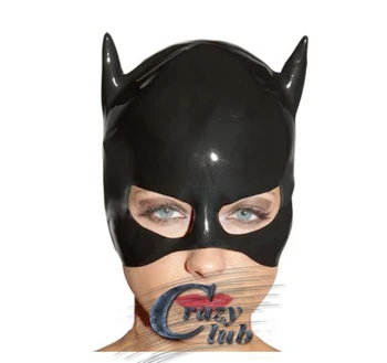 Crazy Club Черна латексова маска за котки, фетиш, естествена гума качулка за партита, cosplay, жената-котка по индивидуален размер, Топла разпродажба