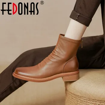 FEDONAS, женски ботильоны от естествена кожа в гънка в ретро стил, ежедневни офис къси ботуши с цип отзад дамски обувки